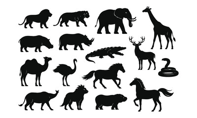 Wild Animal Silhouette Set &ndash; Black and White Mammals and Birds Vector Icons Collection