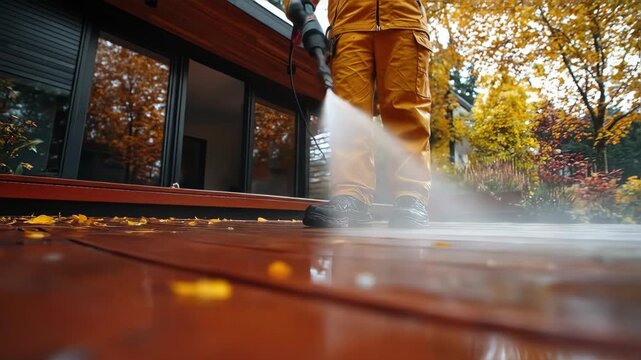 Person power washing deck