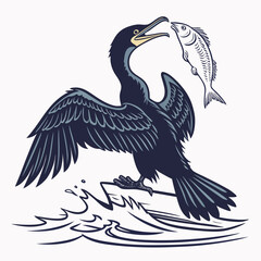 Obraz premium Dark feathered water bird catching fish cormorant dark feathers