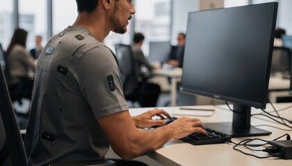 Office employee typing at a computer their sensorpatched shirt in sharp detail measuring posture while the workspace behind them remains softly out of focus.