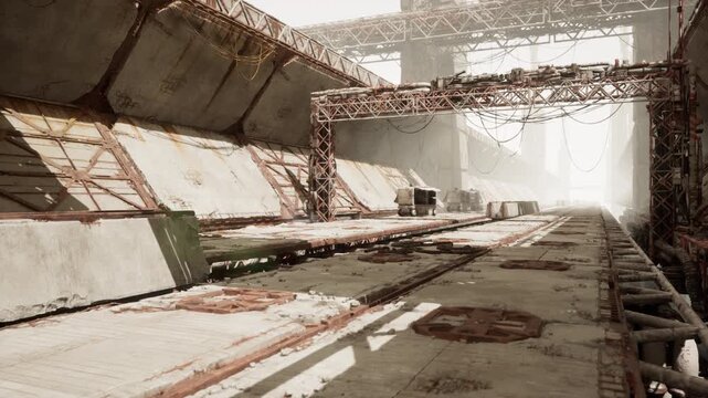 Empty station hallway, Abandoned metallic corridor in ghostly space station, Deserted corridor within forsaken spaceport showing rust and decay