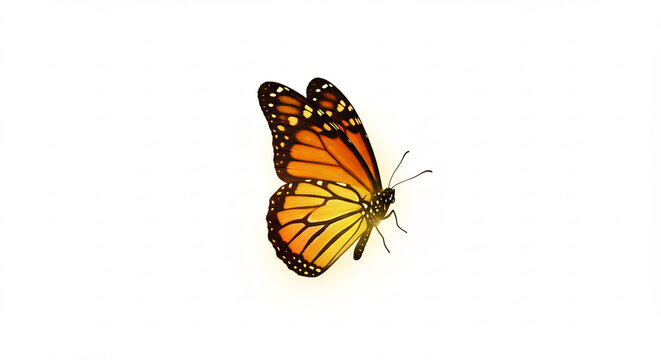Leuchtender Monarchfalter flattert elegant vor strahlend weissem Hintergrund ein dynamisches Bild voller Anmut
