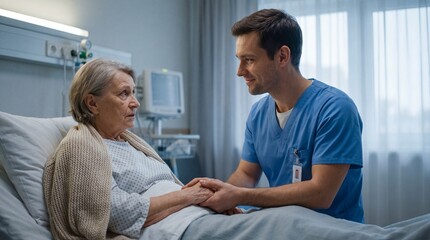 Obraz premium Compassionate male nurse holding hands with elderly patient in hospital bed. Caregiver comforting senior woman. Healthcare worker empathy. Medical staff bedside care. Geriatric support.