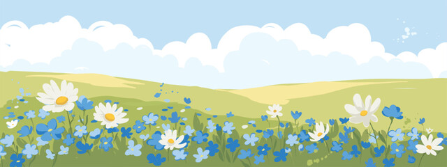 Abstract rural landscape. Watercolor vector illustration, flowering meadows, chamomile and flax flowers.. Hand drawn author's drawing.