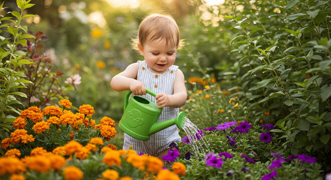 Fr&ouml;hliches Baby gie&szlig;t liebevoll bunte Gartenblumen im weichen warmen Abendlicht voller Gl&uuml;ck