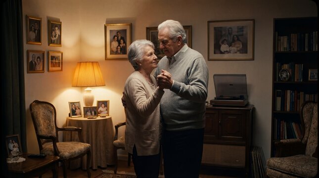 Loving senior couple dancing together at home. Elderly husband and wife bonding. Romantic retirement lifestyle. Old age relationship. Everlasting love. Golden years marriage concept. - Powered by Adobe