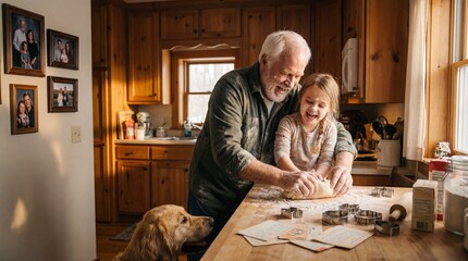 Happy senior grandfather and granddaughter baking cookies in rustic kitchen. Family bonding lifestyle. Messy fun kneading dough with flour. Golden retriever dog. Authentic home moments.