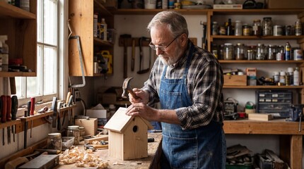 Senior man carpenter building wooden birdhouse in workshop. Elderly craftsman using hammer. Active retirement hobby. Woodworking craftsmanship. Authentic manual labor and lifestyle.