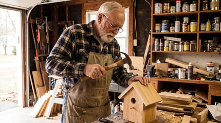 Focused senior man carpenter working in workshop building wooden birdhouse. Elderly craftsman with white beard wearing apron holding hammer. Active retirement hobby. Woodworking DIY.