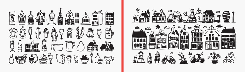 Naklejka premium city building icons, hand drawn architecture illustrations, black and white town art, urban house drawings, simple city elements, village building sketches, architecture icon set
