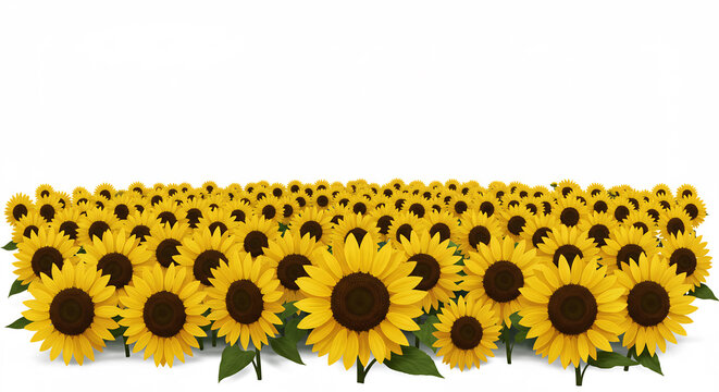 Ein leuchtendes Sonnenblumenfeld praesentiert sich in intensivem Gelb perfekt freigestellt auf reinweissem Hintergrund