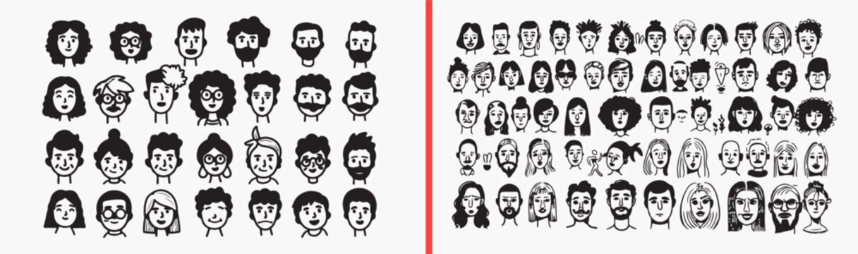 people portrait illustrations, hand drawn avatar faces, black and white people art, cartoon portrait drawings, simple human faces, character portrait set, people illustration collection

