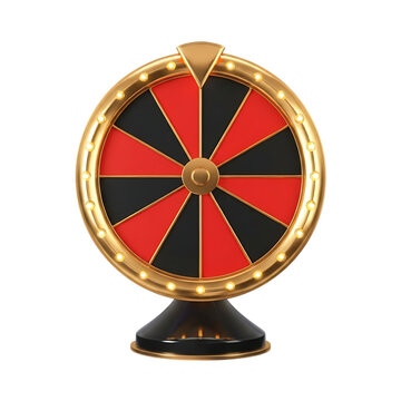 Golden casino wheel of fortune 3d rendering with red and black segments for gambling design isolated on transparent background