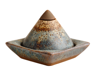 A unique ceramic vessel with a pyramid-shaped lid, offering an artistic touch. The vessel has a unique design with textured surfaces and a minimalist aesthetic Isolated Transparent Background, PNG