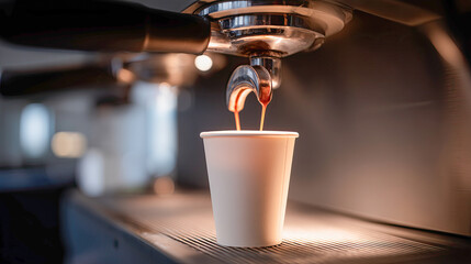 Crafting a perfect coffee: espresso brewing in a cozy cafe setting during a sunny morning
