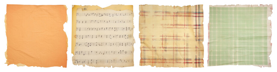 Obraz premium PNG Vintage paper textures: music notes, plaid, grid Illustration, collage element set on transparent background.