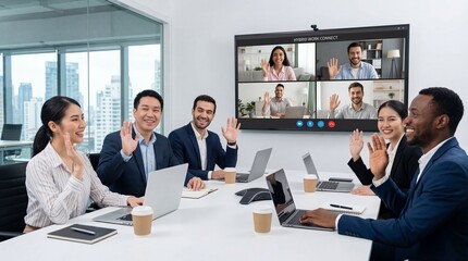 Hybrid work video conference meeting. Business team collaboration with remote colleagues online. Office workers waving at virtual teleconference screen