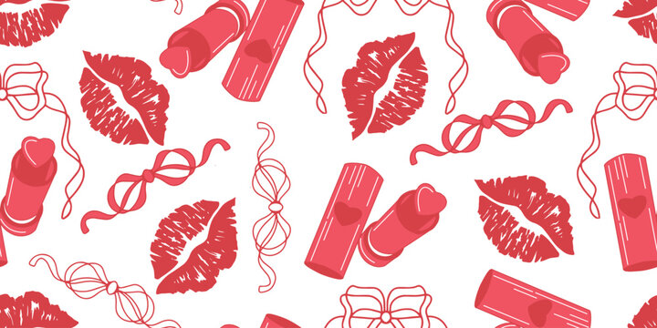 Seamless romantic vector pattern with red lipstick, kiss lip prints and ribbon bows on white background. Stylish Valentine design for textile printing, fashion fabric and decor.