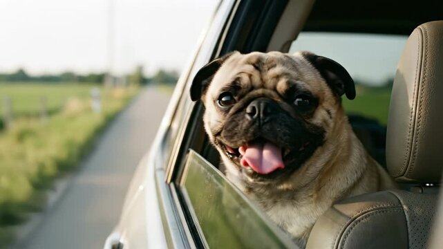 Adorable pug dog enjoys a scenic coastal road trip, peering happily out the window of a vintage van while being gently petted, capturing the joy of travel and canine companionship