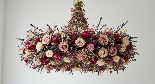 Zarter Blumenleuchter aus getrockneten Bl&uuml;ten in Pastellfarben schwebend im sanften Tageslicht warme Wohnkultur