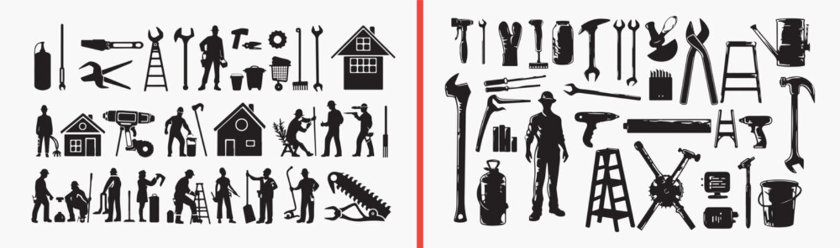 home tools illustration, household object icons, hand drawn home equipment, black and white tool art, repair and maintenance icons, domestic tools collection, home service illustration

