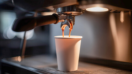 Delicious espresso brewing in a cozy cafe during the morning rush in a vibrant city