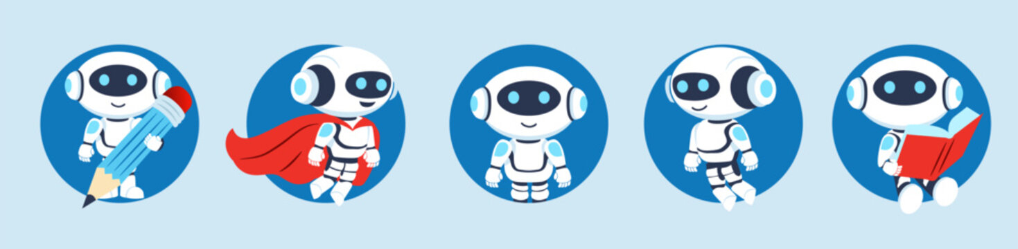 Vector cute chatbot robot icons. Cute robot on blue background. Chatbot technology. AI chat bot based on artificial intelligence and neural networks.