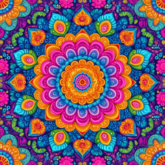 Vibrant mandala pattern with colorful flowers and intricate design. Bright rangoli pattern Holi Colorful background 