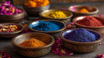 Colorful spices in decorative bowls on wooden background. Holi Dried colors in plates  