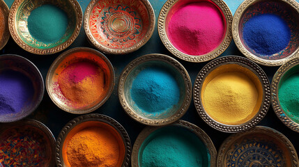 Holi Dried colors in plates. Colorful powdered pigments arranged in decorative bowls on table  