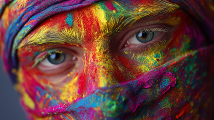 Colorful portrait of young person with painted face and eyes  