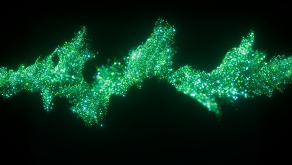 Vibrant green glitter wave on a black background. Abstract magic dust texture with sparkling particles. 3d render illustration.