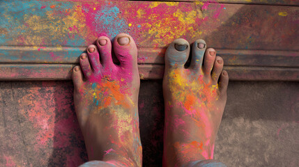 Holi Feet in colored dust. Colorful feet covered in Holi powder on wooden surface  