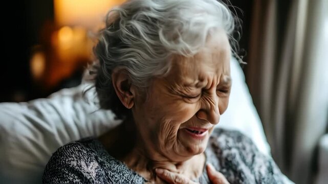 Senior woman, eyes closed, showing distress