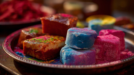 Colorful Indian sweets on a silver plate during festival celebration  