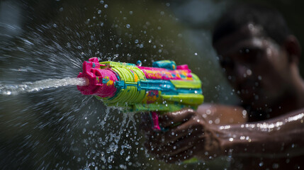 Holi Pichkari water gun. Young man playfully spraying water with colorful water gun outdoors  