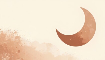 Abstract Terracotta Crescent Moon with Watercolor Splatter Texture Background