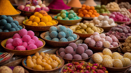Colorful sweets displayed in bowls at a vibrant market stall. Holi sweets 