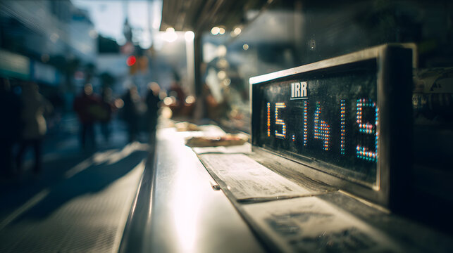 IRR currency exchange rate board on busy urban street market with shallow depth of field and warm evening light