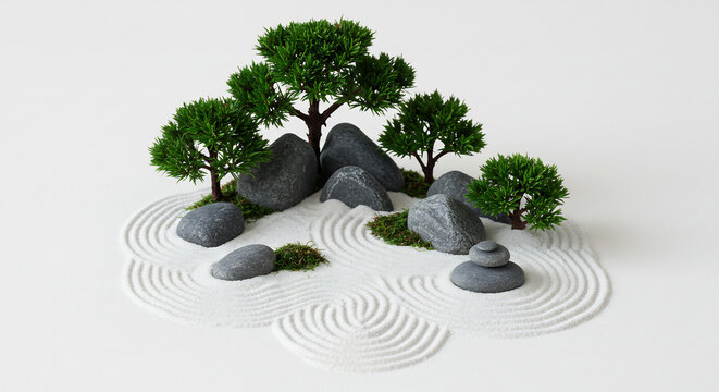Meditativer Miniatur Steingarten mit fein geharktem Sand und stilvollen Bonsai B&auml;umen auf hellem neutralem Grund
