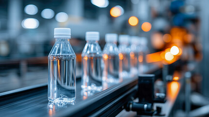 Bottles of clear water moving along a conveyor belt in a bustling factory environment during the daytime