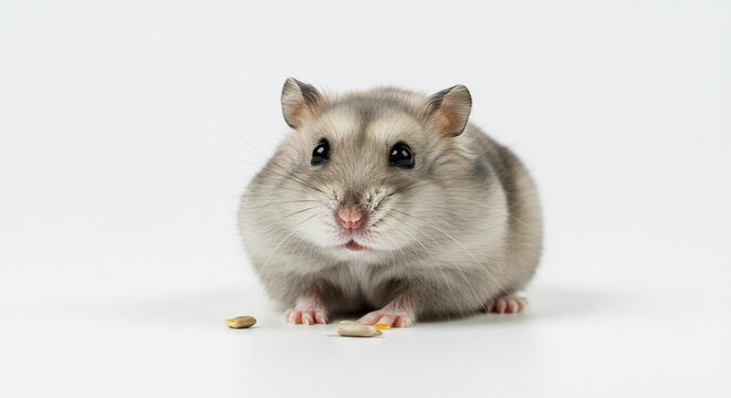 Niedlicher flauschiger Hamster sitzt ruhig auf weissem Hintergrund perfekt ausgeleuchtet von sanftem Studiolicht