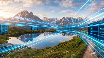 Digital connectivity and nature harmony: A scenic landscape merges the serene beauty of a mountain lake with the dynamic energy of digital data streams.