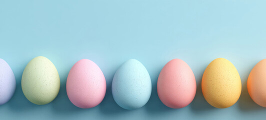 Happy Easter holiday greeting card, banner - colored easter eggs, isolated on pastel blue background, top view, tabletop