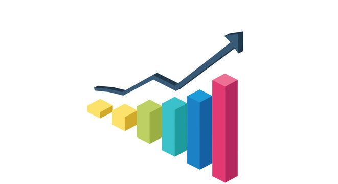 Colorful isometric bar graph with an upward pointing arrow represents business growth, financial success, and positive trends.