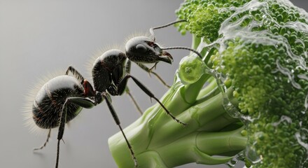 Hyper-realistic black ant crawls up glossy broccoli head covered in transparent sap. Extreme macro view of tiny life and healthy food consumption.