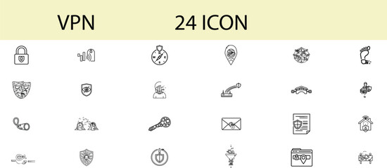 VPN Icon Set: A comprehensive collection of 24 meticulously crafted icons designed to represent the various facets of virtual private network (VPN) functionality, ensuring secure digital navigation.