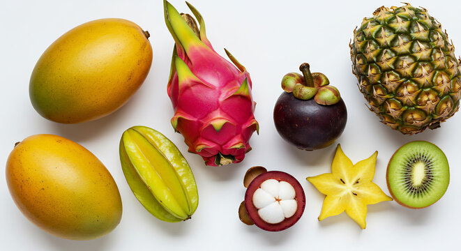 Leuchtende tropische Fr&uuml;chte frisch saftig und appetitlich arrangiert perfekt ausgeleuchtet auf hellem Hintergrund von oben