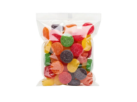 Colorful gummy candies in a clear plastic bag isolated on transparent background
