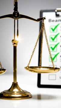 Symbolic image of justice featuring balanced scales and a checklist representing evaluation, accountability, and ethical governance.